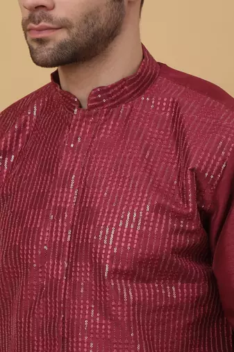 Men's Wine Sequenced Cotton Silk Kurta With Salwar