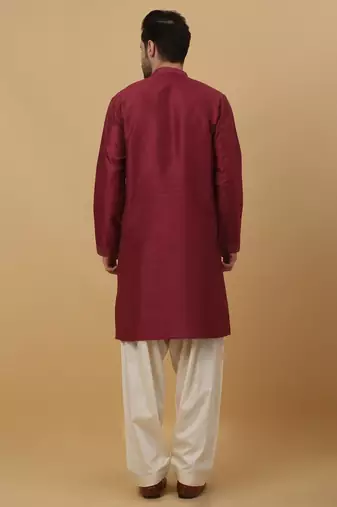 Men's Wine Sequenced Cotton Silk Kurta With Salwar