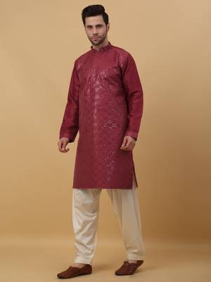 Men's Wine Sequenced Cotton Silk Kurta With Salwar 4