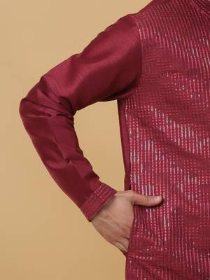 Men's Wine Sequenced Cotton Silk Kurta With Salwar 5