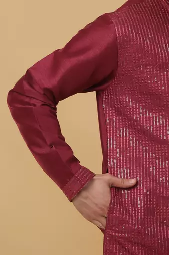 Men's Wine Sequenced Cotton Silk Kurta With Salwar