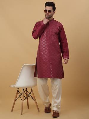 Men's Wine Sequenced Cotton Silk Kurta With Salwar 6