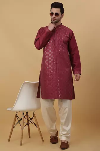 Men's Wine Sequenced Cotton Silk Kurta With Salwar