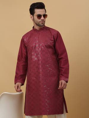 Men's Wine Sequenced Cotton Silk Kurta With Salwar 7