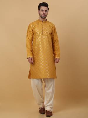 Men's Yellow Sequenced Cotton Silk Kurta With Salwar 1