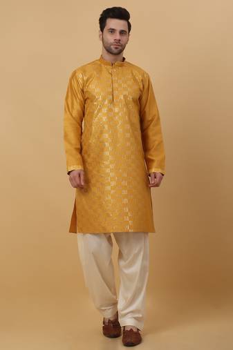 Men's Yellow Sequenced Cotton Silk Kurta With Salwar