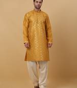 Men's Yellow Sequenced Cotton Silk Kurta With Salwar