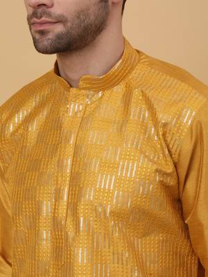 Men's Yellow Sequenced Cotton Silk Kurta With Salwar 2