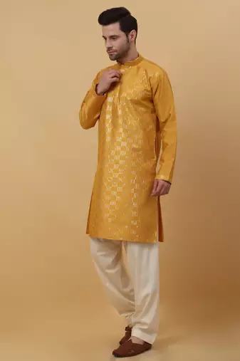 Men's Yellow Sequenced Cotton Silk Kurta With Salwar
