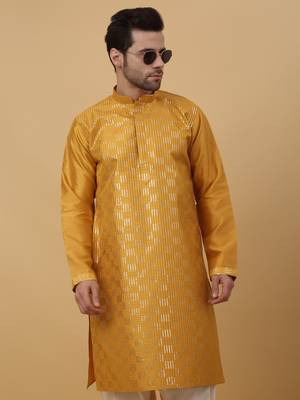 Men's Yellow Sequenced Cotton Silk Kurta With Salwar 7