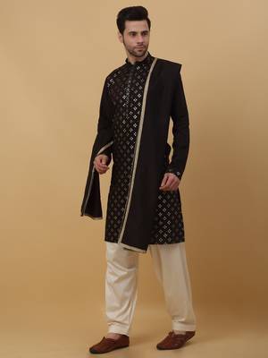 Men's Black Sequenced Embroidered Cotton Silk Kurta With Salwar and Dupatta 1