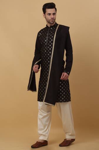 Men's Black Sequenced Embroidered Cotton Silk Kurta With Salwar and Dupatta