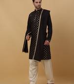 Men's Black Sequenced Embroidered Cotton Silk Kurta With Salwar and Dupatta