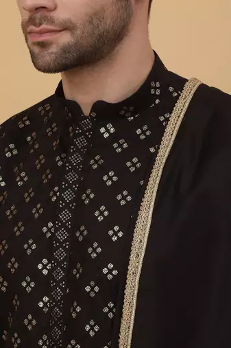Men's Black Sequenced Embroidered Cotton Silk Kurta With Salwar and Dupatta
