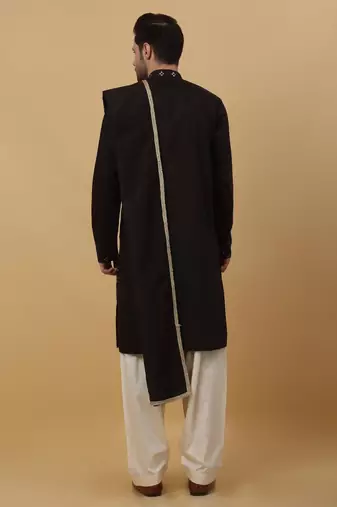 Men's Black Sequenced Embroidered Cotton Silk Kurta With Salwar and Dupatta