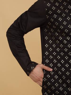 Men's Black Sequenced Embroidered Cotton Silk Kurta With Salwar and Dupatta 4