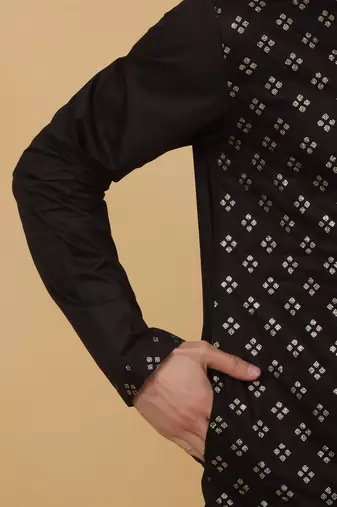 Men's Black Sequenced Embroidered Cotton Silk Kurta With Salwar and Dupatta