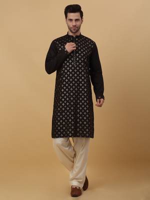 Men's Black Sequenced Embroidered Cotton Silk Kurta With Salwar and Dupatta 5