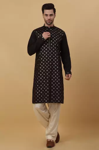 Men's Black Sequenced Embroidered Cotton Silk Kurta With Salwar and Dupatta