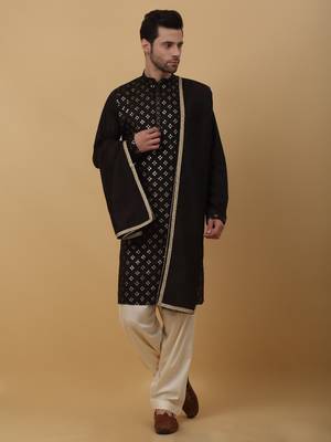 Men's Black Sequenced Embroidered Cotton Silk Kurta With Salwar and Dupatta 6