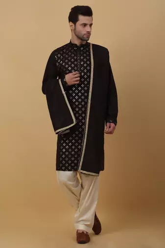 Men's Black Sequenced Embroidered Cotton Silk Kurta With Salwar and Dupatta