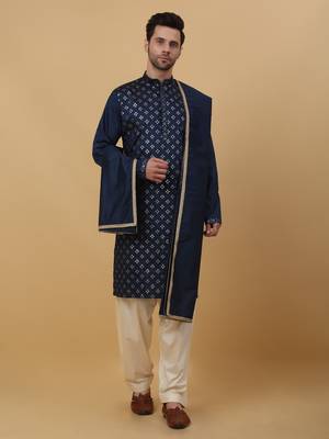 Men's Blue Sequenced Embroidered Cotton Silk Kurta With Salwar and Dupatta 1