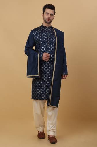 Men's Blue Sequenced Embroidered Cotton Silk Kurta With Salwar and Dupatta