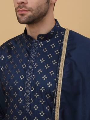 Men's Blue Sequenced Embroidered Cotton Silk Kurta With Salwar and Dupatta 2