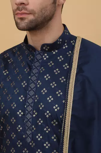 Men's Blue Sequenced Embroidered Cotton Silk Kurta With Salwar and Dupatta