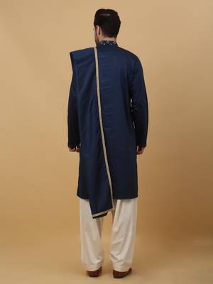 Men's Blue Sequenced Embroidered Cotton Silk Kurta With Salwar and Dupatta 3