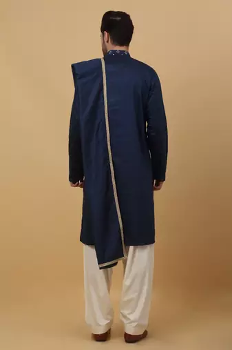 Men's Blue Sequenced Embroidered Cotton Silk Kurta With Salwar and Dupatta