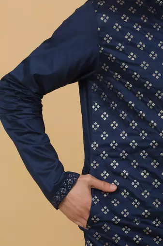 Men's Blue Sequenced Embroidered Cotton Silk Kurta With Salwar and Dupatta