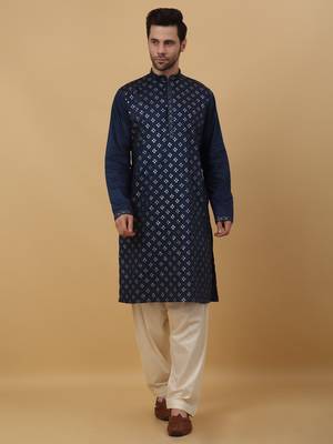 Men's Blue Sequenced Embroidered Cotton Silk Kurta With Salwar and Dupatta 5