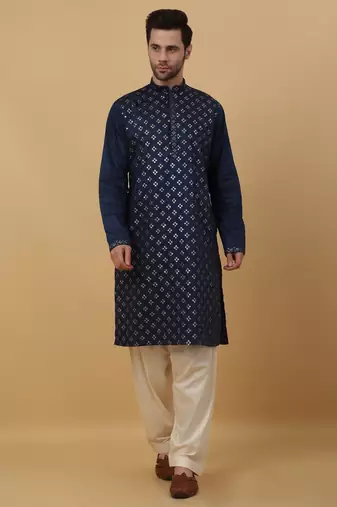 Men's Blue Sequenced Embroidered Cotton Silk Kurta With Salwar and Dupatta