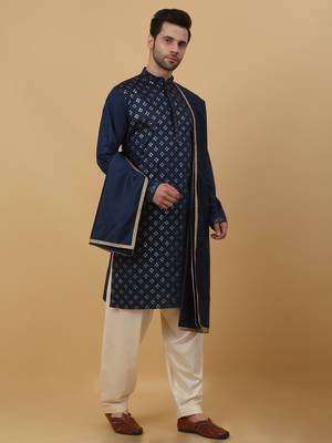 Men's Blue Sequenced Embroidered Cotton Silk Kurta With Salwar and Dupatta 6