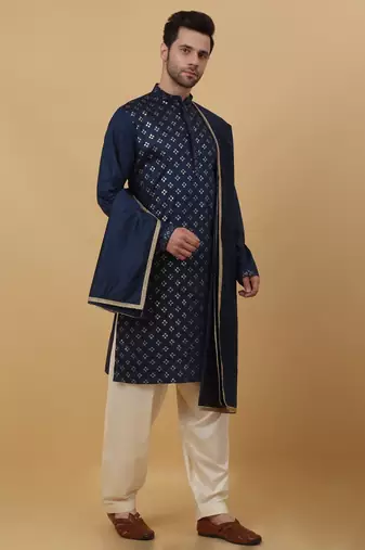 Men's Blue Sequenced Embroidered Cotton Silk Kurta With Salwar and Dupatta