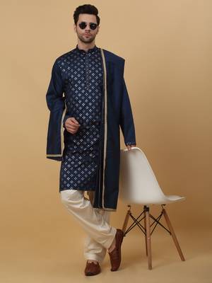 Men's Blue Sequenced Embroidered Cotton Silk Kurta With Salwar and Dupatta 7