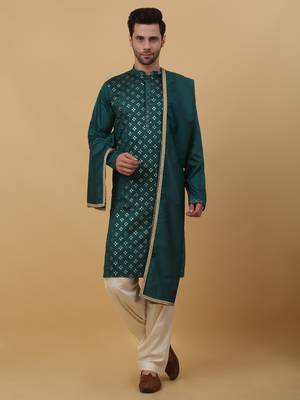 Men's Green Sequenced Embroidered Cotton Silk Kurta With Salwar and Dupatta 1