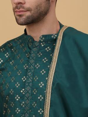 Men's Green Sequenced Embroidered Cotton Silk Kurta With Salwar and Dupatta 2