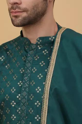 Men's Green Sequenced Embroidered Cotton Silk Kurta With Salwar and Dupatta
