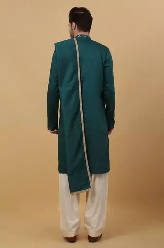 Men's Green Sequenced Embroidered Cotton Silk Kurta With Salwar and Dupatta
