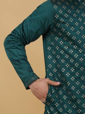 Men's Green Sequenced Embroidered Cotton Silk Kurta With Salwar and Dupatta 4