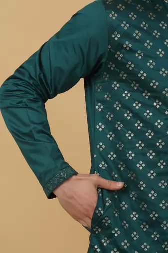Men's Green Sequenced Embroidered Cotton Silk Kurta With Salwar and Dupatta