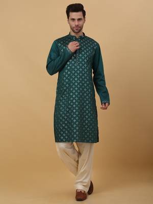 Men's Green Sequenced Embroidered Cotton Silk Kurta With Salwar and Dupatta 5
