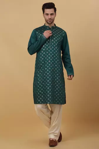 Men's Green Sequenced Embroidered Cotton Silk Kurta With Salwar and Dupatta