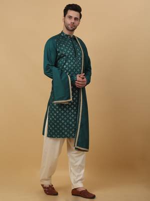 Men's Green Sequenced Embroidered Cotton Silk Kurta With Salwar and Dupatta 6