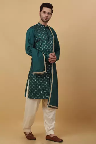 Men's Green Sequenced Embroidered Cotton Silk Kurta With Salwar and Dupatta