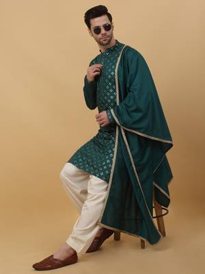 Men's Green Sequenced Embroidered Cotton Silk Kurta With Salwar and Dupatta 7