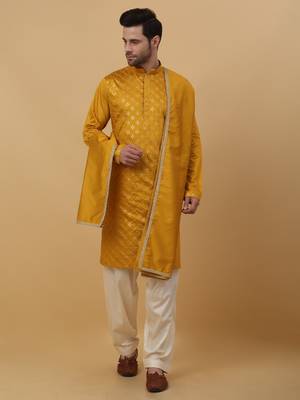 Men's Mustard Yellow Sequenced Embroidered Cotton Silk Kurta With Salwar and Dupatta 1