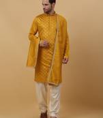 Men's Mustard Yellow Sequenced Embroidered Cotton Silk Kurta With Salwar and Dupatta